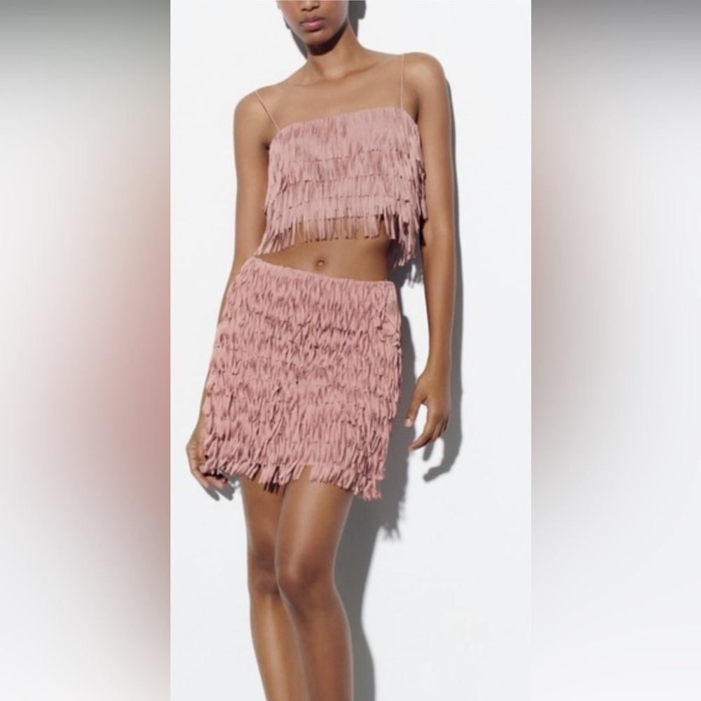 Zara Blush Fringe Mini Skirt and crop top NWT